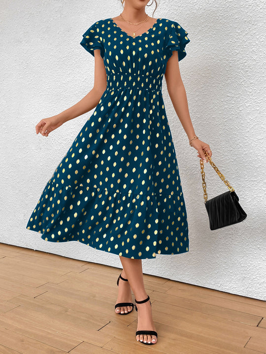 Damen Maxikleid mit Rüschendetails und schimmerndem Punktmuster EB
