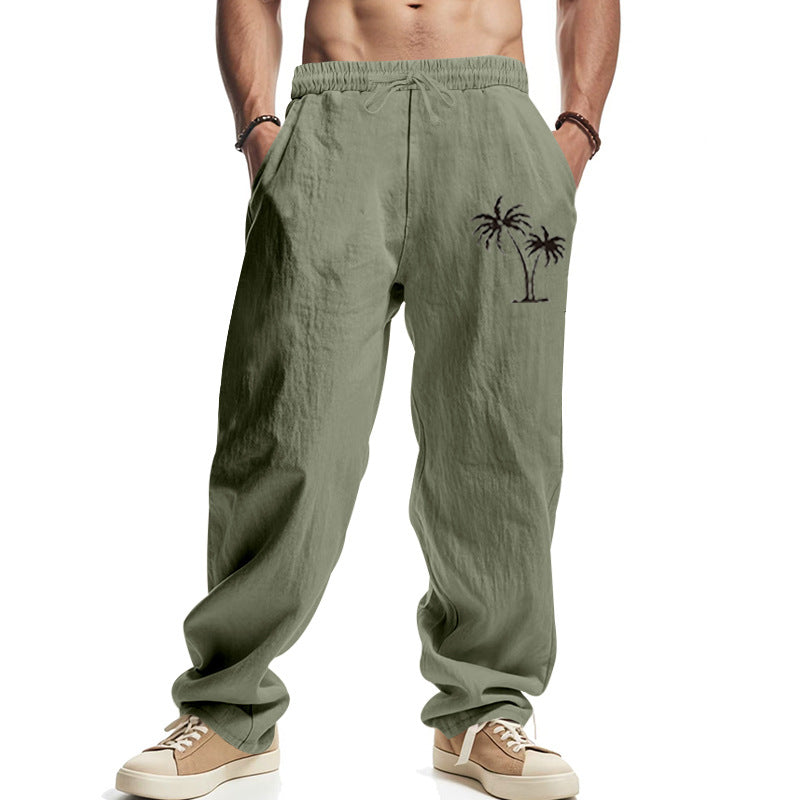 Herren Leichte Leinenoptik-Freizeithose mit elastischem Bund, Kordelzug & Palmen‑Stickerei EB