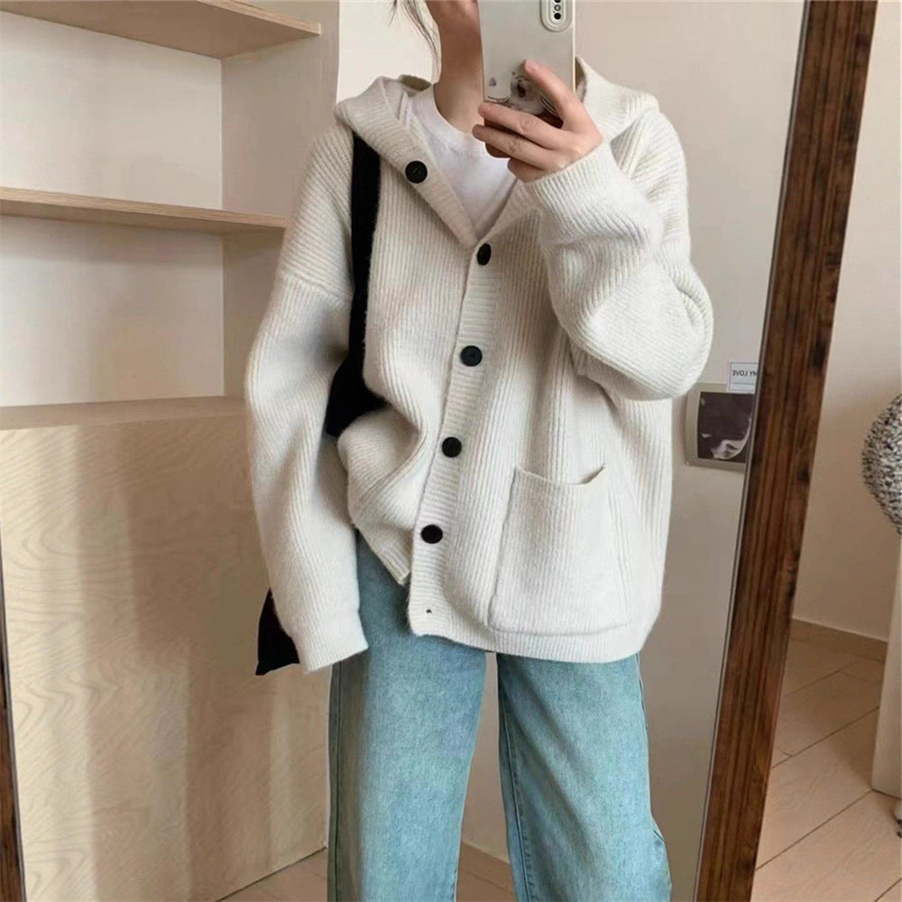 Damen kuschelige Strickjacke mit Kapuze und großen Taschen EB
