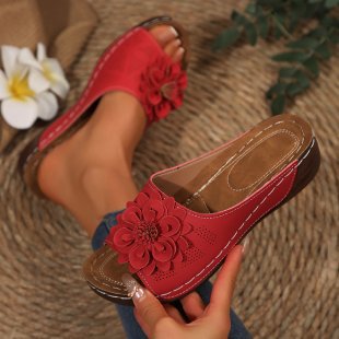 Damen Offene Zehen-Pantoletten mit Blumenapplikation, perforiertem Obermaterial und ergonomischer Keilsohle EB