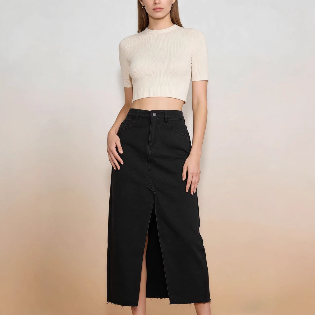 Damen Midi-Denim-Rock mit hohem Schlitz und fransigem Saum EB