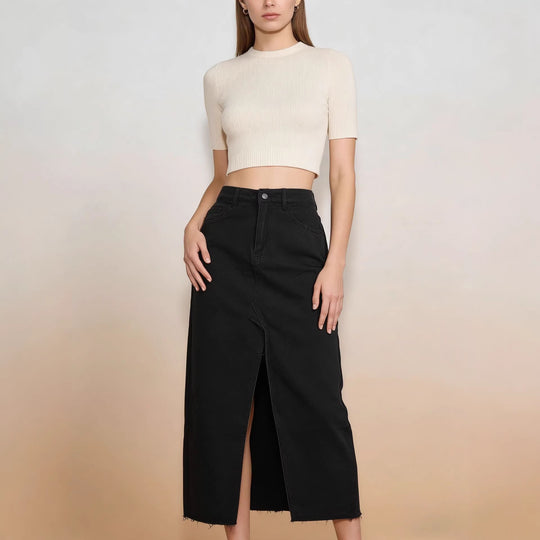 Damen Midi-Denim-Rock mit hohem Schlitz und fransigem Saum EB