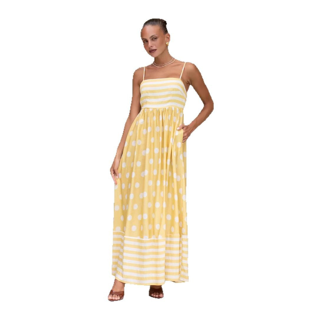 Damen Maxikleid mit gerafftem Oberteil und verspieltem Punkt- und Streifenmuster EB