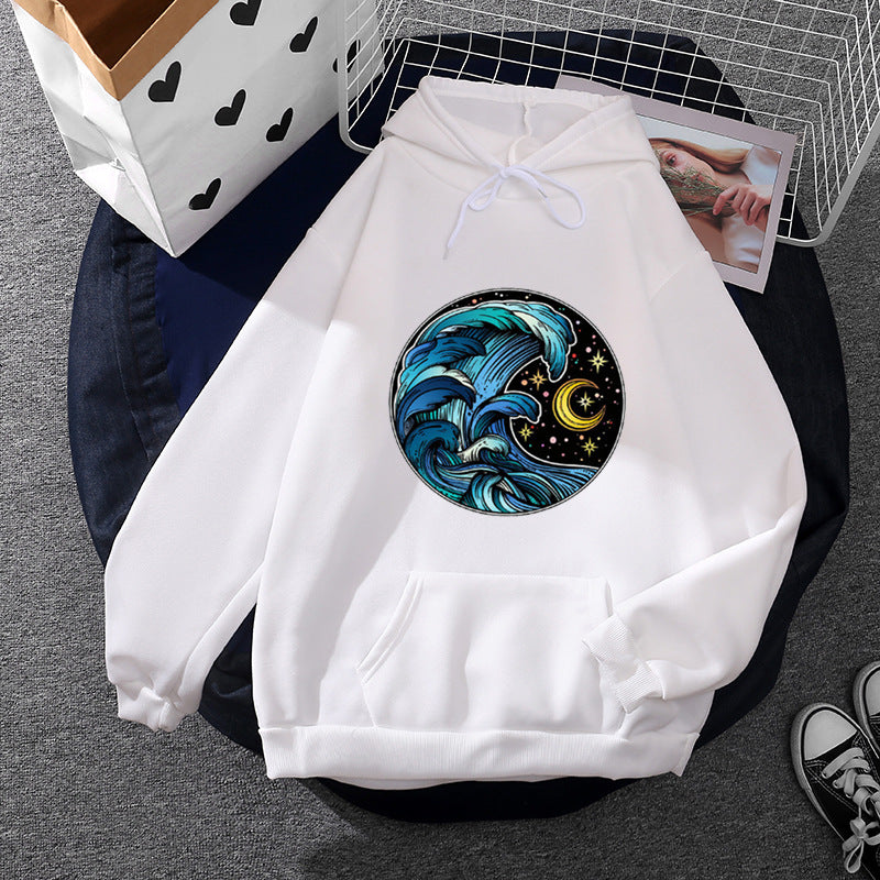 Damen nan lässiger Kapuzenpullover mit künstlerischem Mond‑und‑Pilzmotiv, weichem Fleecefutter und Kängurutasche EB