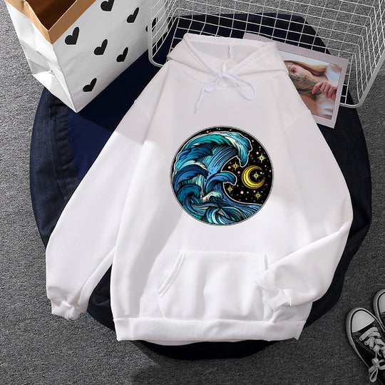 Damen nan lässiger Kapuzenpullover mit künstlerischem Mond‑und‑Pilzmotiv, weichem Fleecefutter und Kängurutasche EB