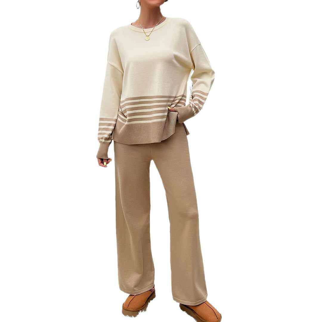 Damen nan lässiges Strick-Lounge-Set mit gestreiftem Rundhals-Pullover, Raglanärmeln und weiten taillenhohen Hosen EB