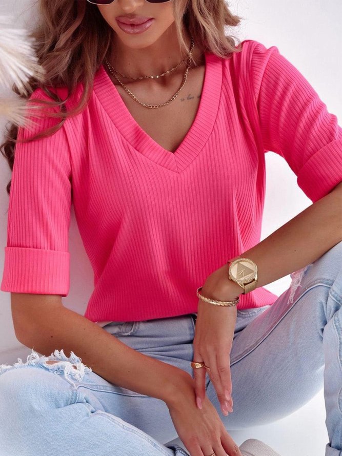 Damen V-Ausschnitt Kurzarmshirt aus geripptem Stoff EB