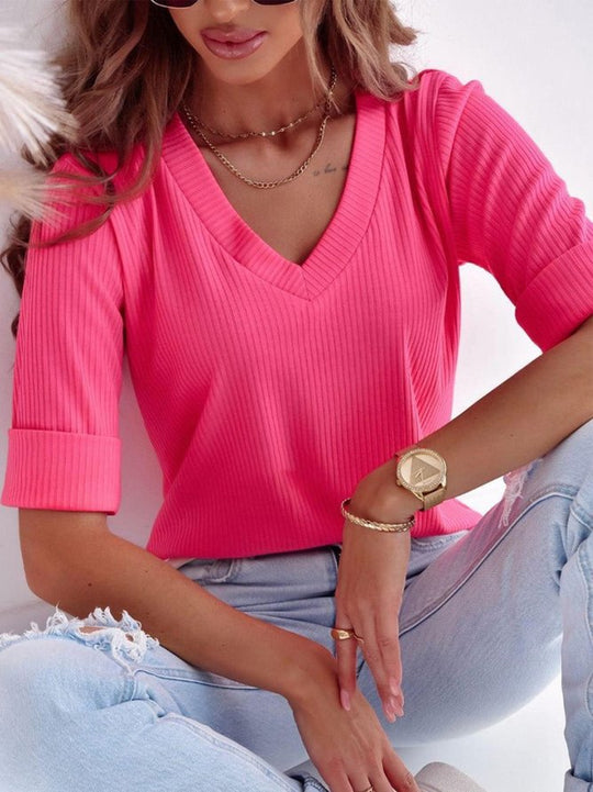 Damen V-Ausschnitt Kurzarmshirt aus geripptem Stoff EB