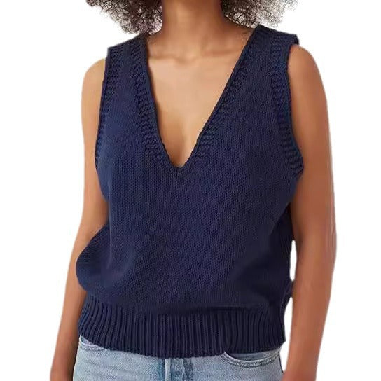 Damen lässiger Strickpullover ohne Ärmel mit tiefem V-Ausschnitt EB