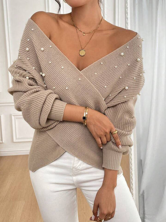 Damen offener Strickpullover mit Perlendetails EB