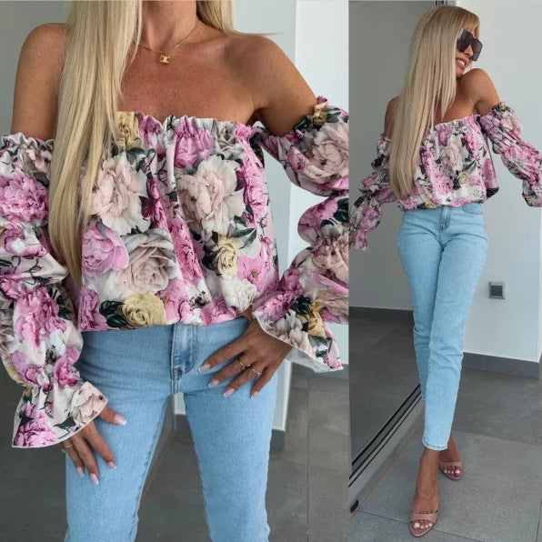 Damen Off-Shoulder Bluse mit Rüschendetails und floralen Mustern EB