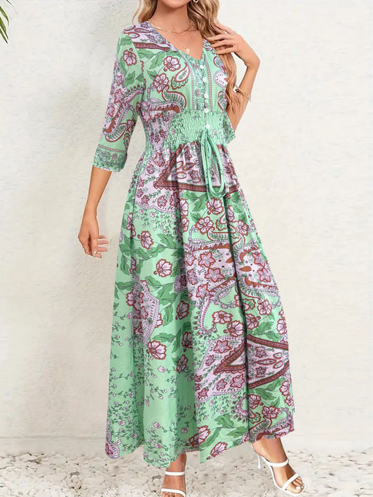 Damen Maxikleid mit floralem Paisleymuster und schmeichelndem V-Ausschnitt EB