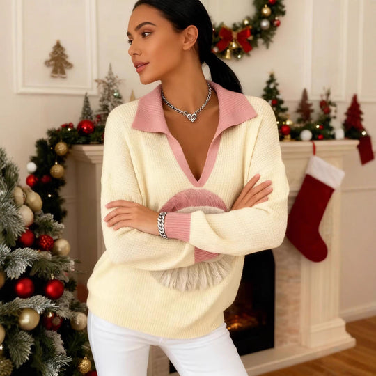 Damen Weicher Strickpullover mit V-Kragen, Polokragen und 3D-Weihnachtsmotiv EB