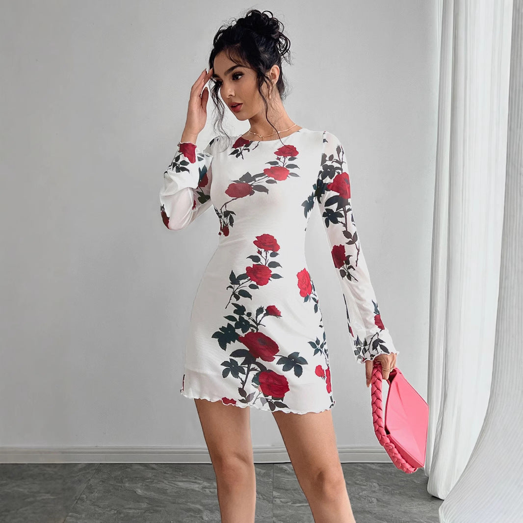 Damen Floral Minikleid mit langen Ärmeln EB