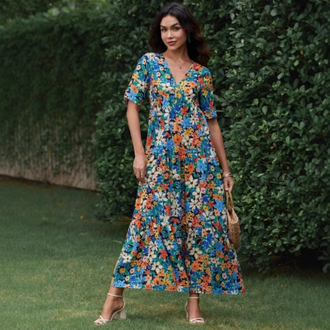 Damen Maxikleid mit voluminösen Rüschen und modischem V-Ausschnitt EB