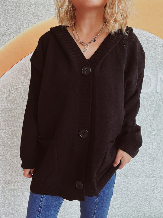 Damen bequeme Strickjacke mit Kapuze und praktischen Taschen EB