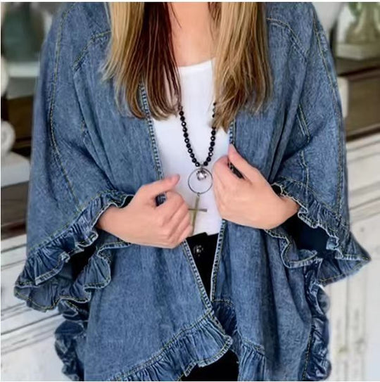 Damen lässiger Jeans-Cape mit voluminösen Rüschendetails EB