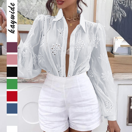 Damen Transparente Bluse mit Stickereien und Rüschendetails EB
