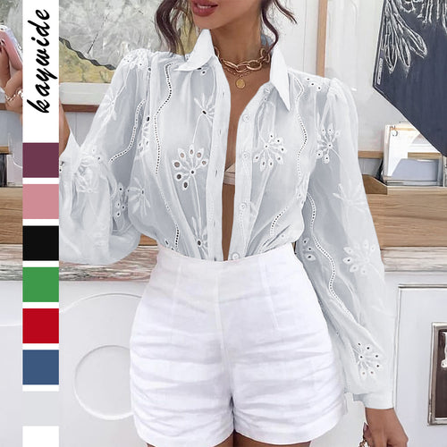 Damen Transparente Bluse mit Stickereien und Rüschendetails EB
