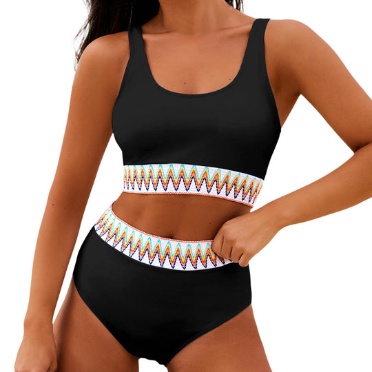 Damen Hoch tailliertes Bikini-Set mit modischem gestreiftem Bund EB