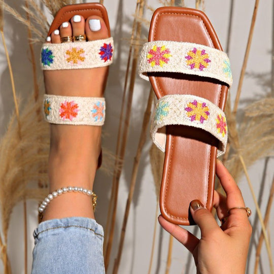 Damen Bunte Flauscher Slides mit floralem Design EB
