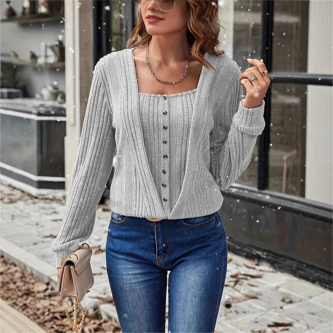 Damen Strickjacke mit tiefem V-Ausschnitt und praktischem Knopfdetail EB