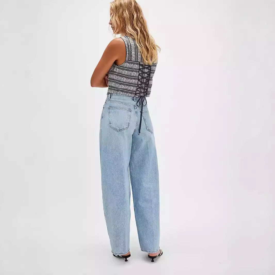 Damen Weite Denim-Hose mit hohem Bund und dekorativem Kordelzug EB