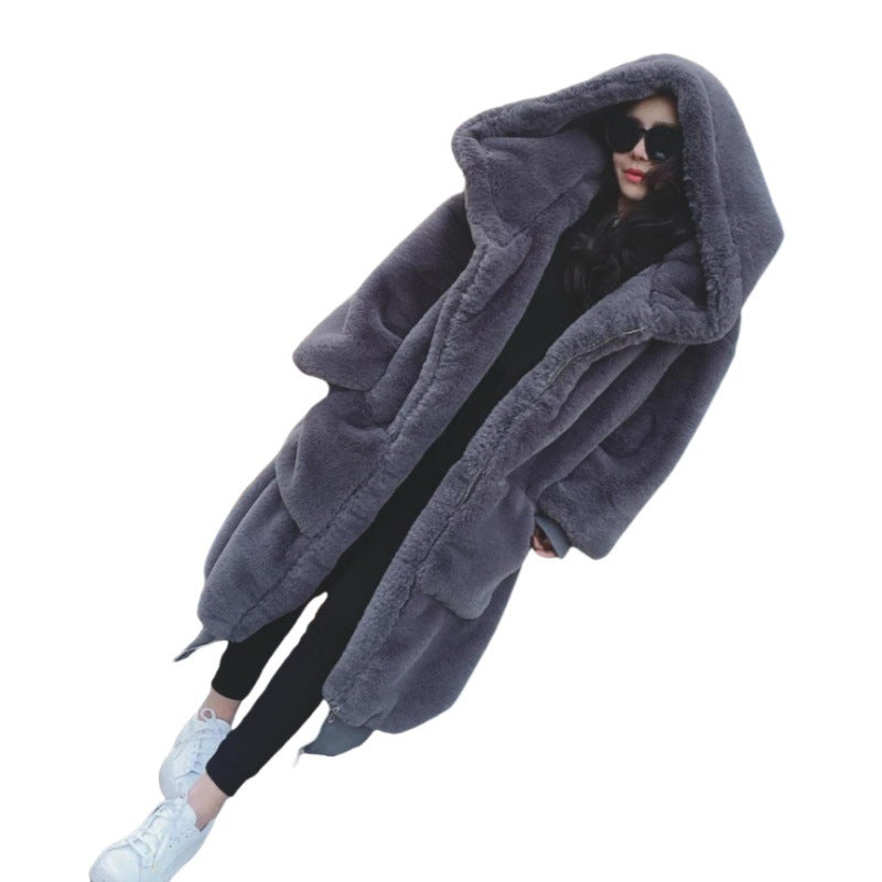 Damen Übergroßer Kunstfellmantel mit Kapuze und Taschen EB