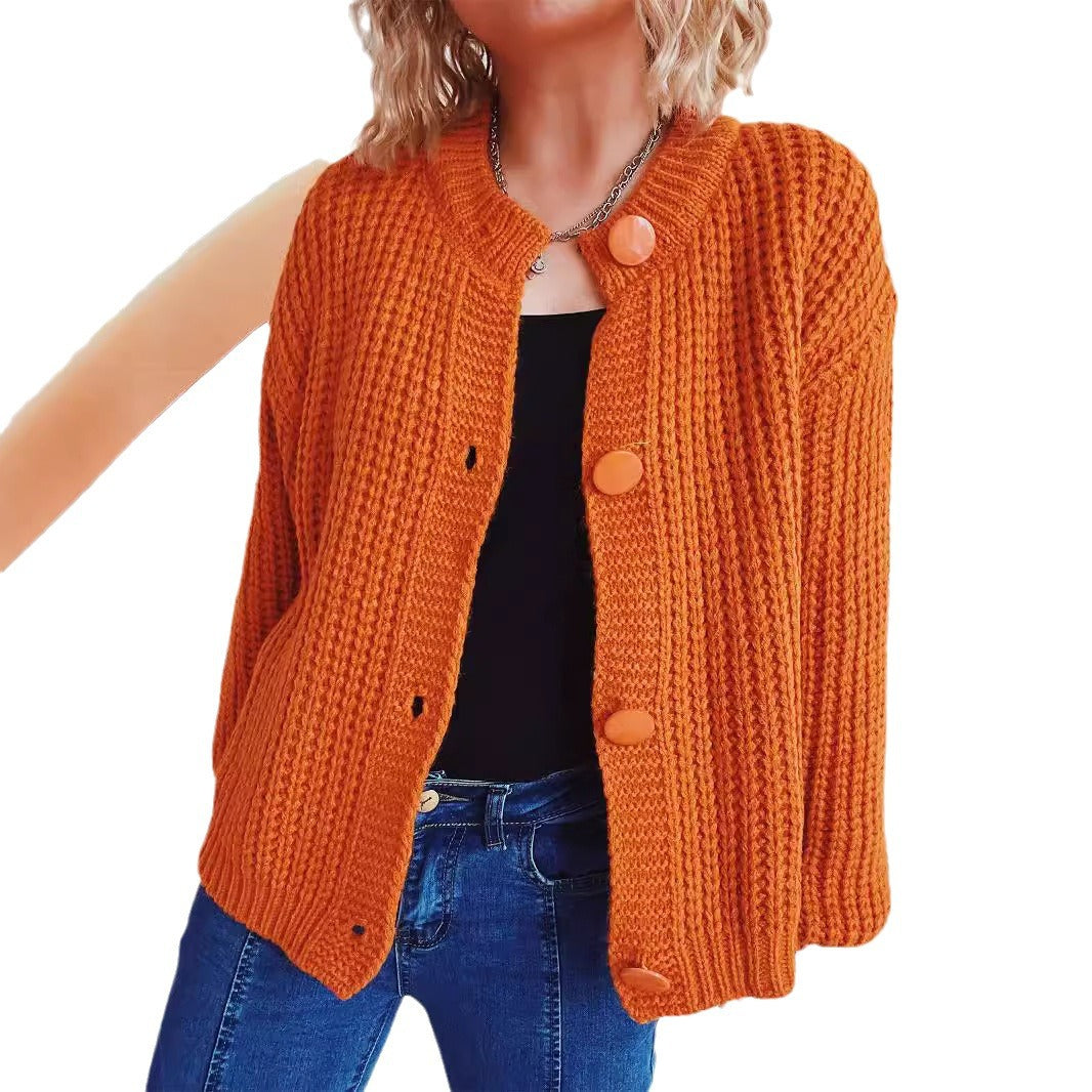Damen Grobstrickjacke mit ballonförmigen Ärmeln und dekorativen Knöpfen EB