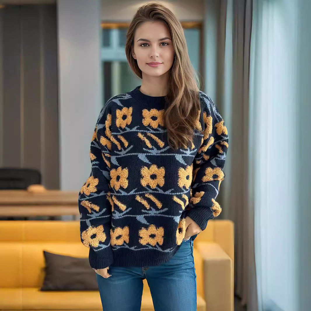 Damen Strickpullover mit floralem Muster und lässigem Schnitt EB