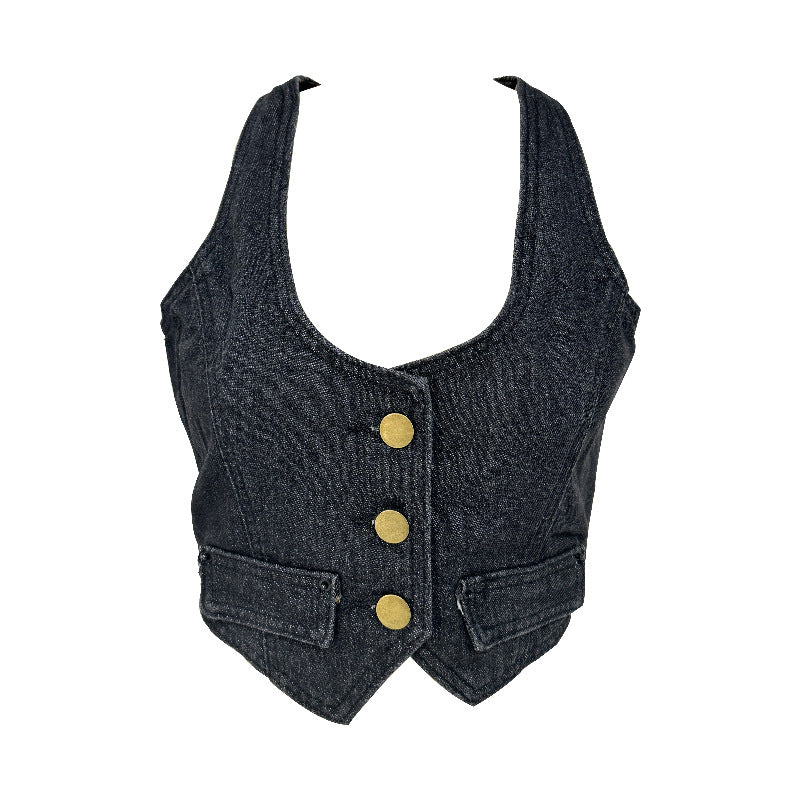 Damen Denim-Weste mit modernem V-Ausschnitt und praktischen Taschen EB