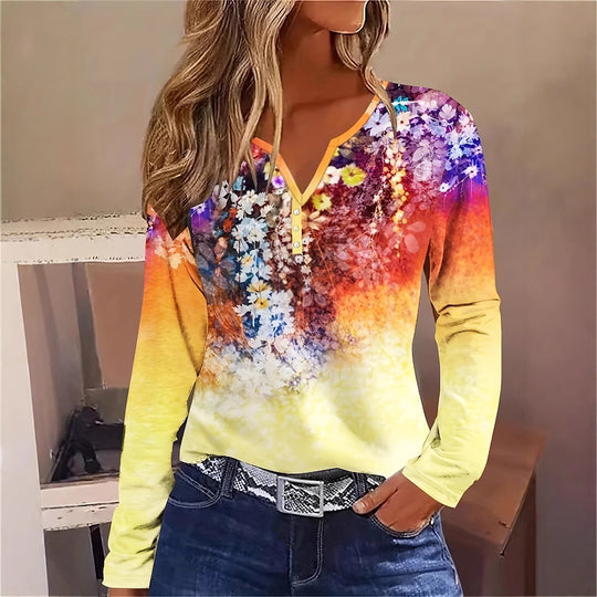 Damen Blütenmuster Langarmshirt mit Knopfleiste EB