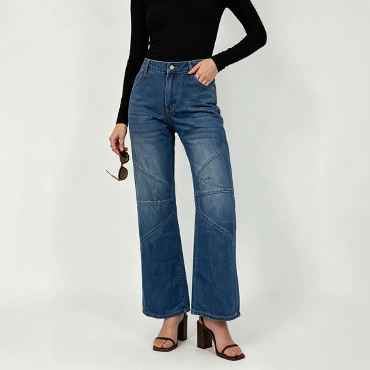 Damen nan weite Jeanshose mit hohen Bund, geschwungenen Ziernähten und weitem Bein EB