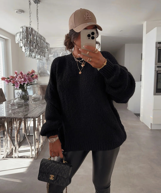 Damen Strickpullover mit voluminösen Ärmeln und feiner Struktur EB