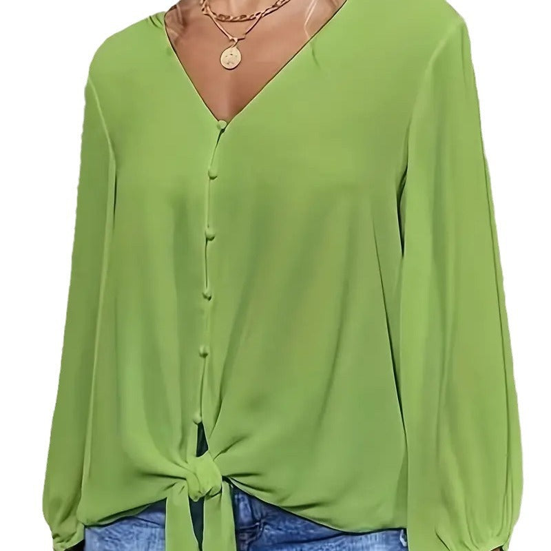 Damen elegante Bluse mit Knoten-Detail und V-Ausschnitt EB