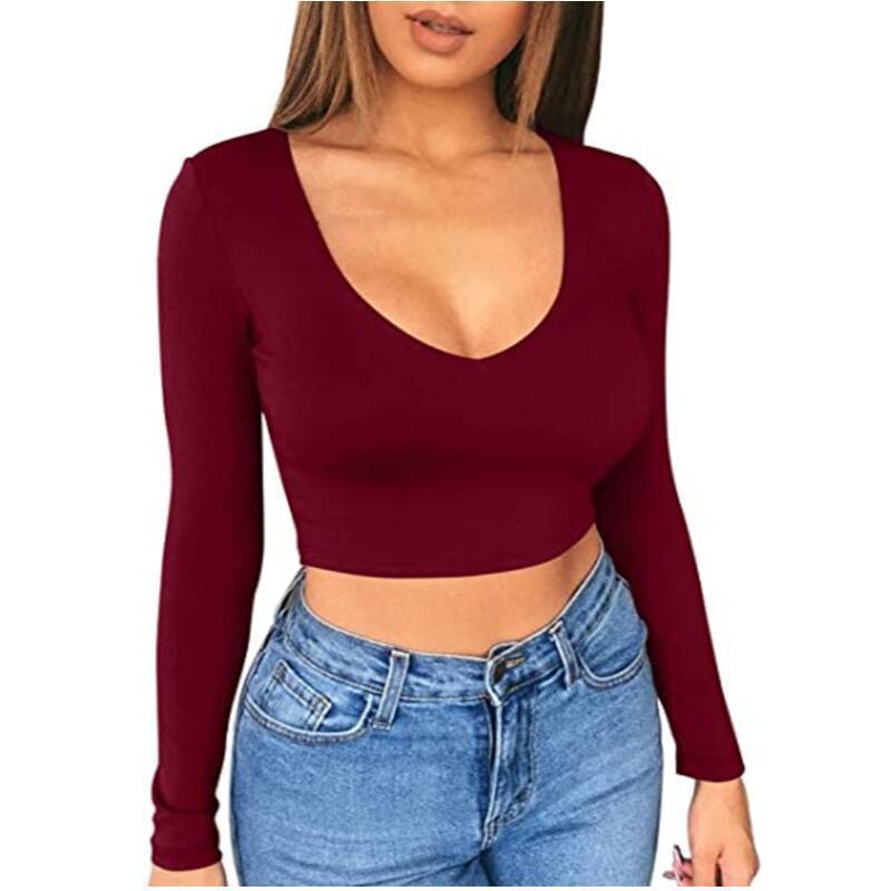 Damen modisches Crop-Top mit tiefem V-Ausschnitt und langen Ärmeln EB