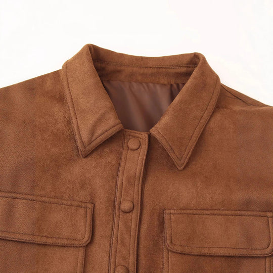 Damen modische Kurzjacke aus Wildlederimitat mit praktischen Taschen und elegantem Kragen EB