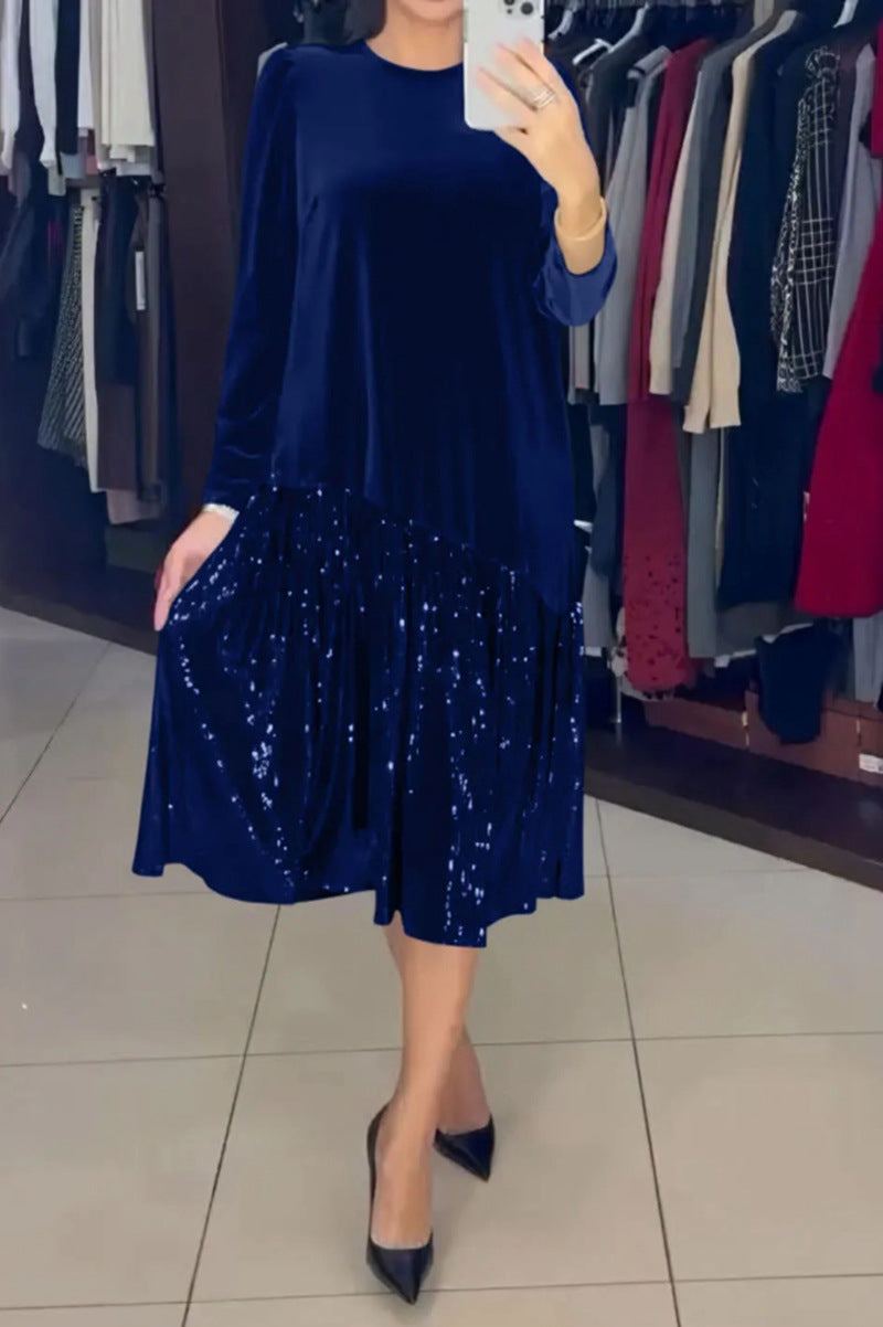 Damen Freizeit Kleid mit elegantem Paillettenrock und weichem Oberteil Heidi-Mode