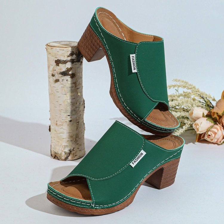 Damen Komfortable Open-Toe Pantoletten mit Holz-Optik EB