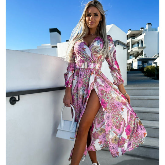 Damen Maxi-Kleid mit tiefem Schlitz und floralem Muster EB