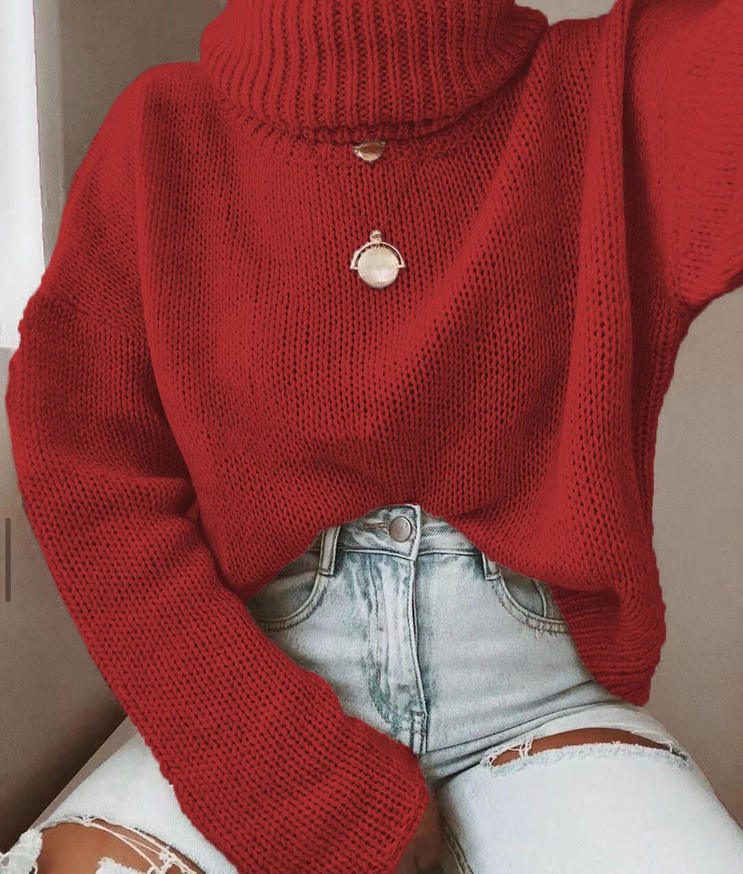 Damen Strickpullover mit hohem Kragen und lässigem Schnitt EB