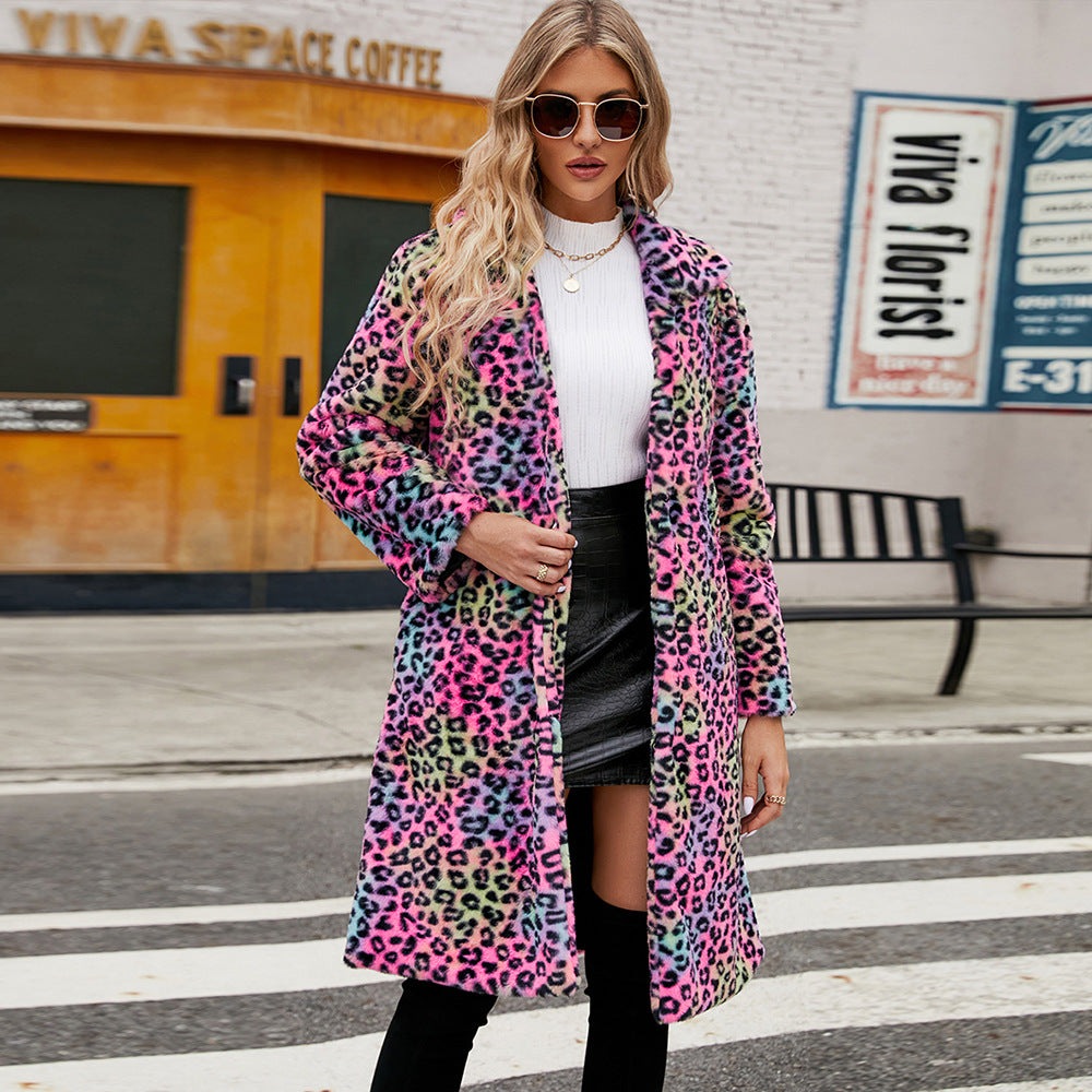 Damen Flauschiger Plüschmantel im Leoparden-Look EB
