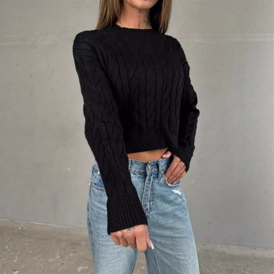 Damen Kurzer Boxy-Zopfstrickpullover mit geripptem Saum und Rundhalsausschnitt EB