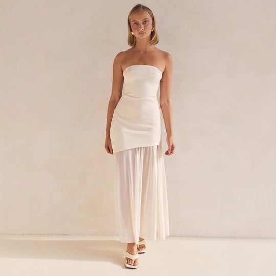 Damen Elegantes Bandeau-Maxi-Kleid mit fließendem Chiffon-Rock und figurbetontem Oberteil EB