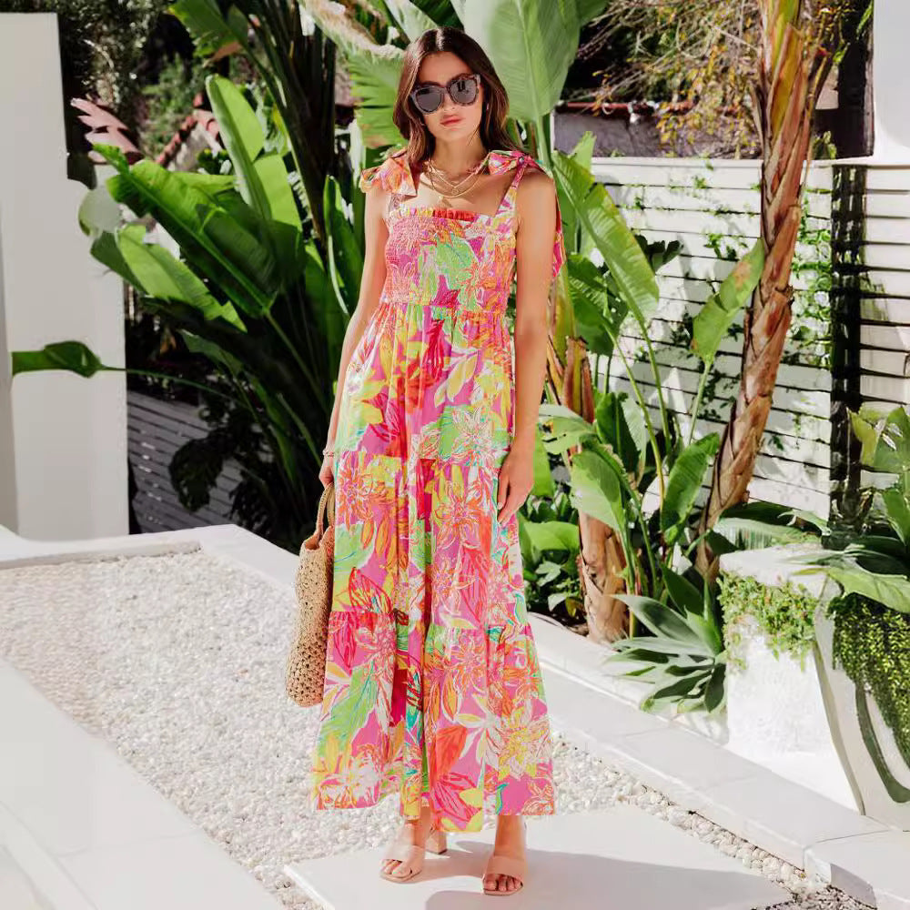 Damen Maxi-Kleid mit floralen Mustern und Trägerdetails EB