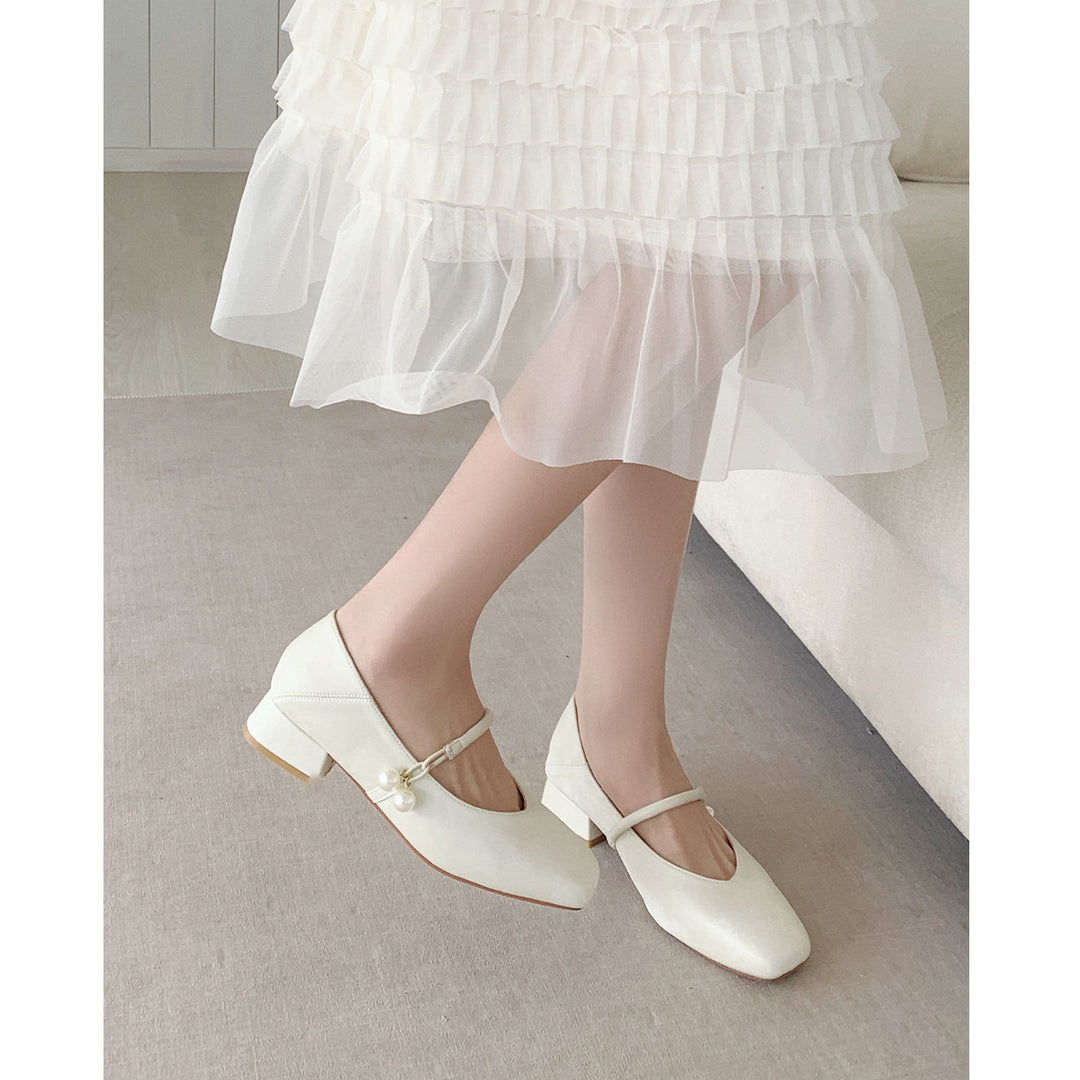 Damen Ballerinas mit Perlenschmuck und bequemem Blockabsatz EB