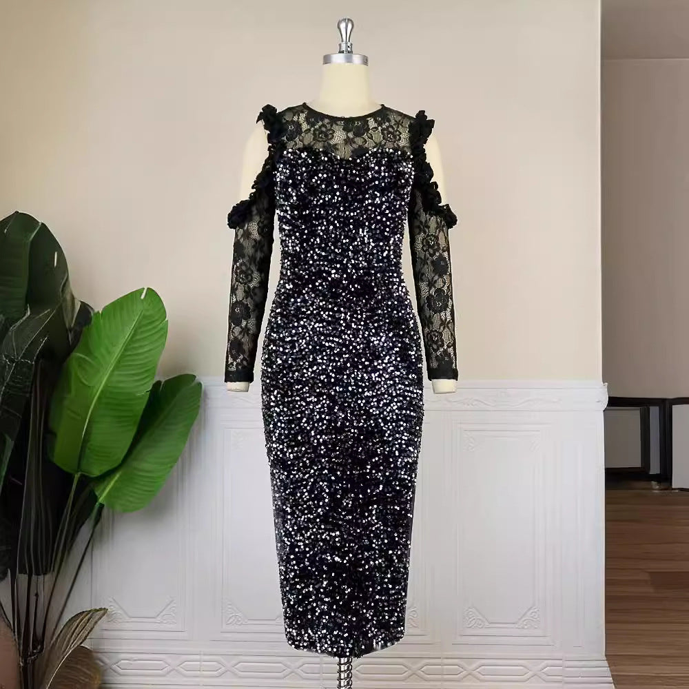 Damen Glitzerndes Festkleid mit eleganten Spitzendetails EB