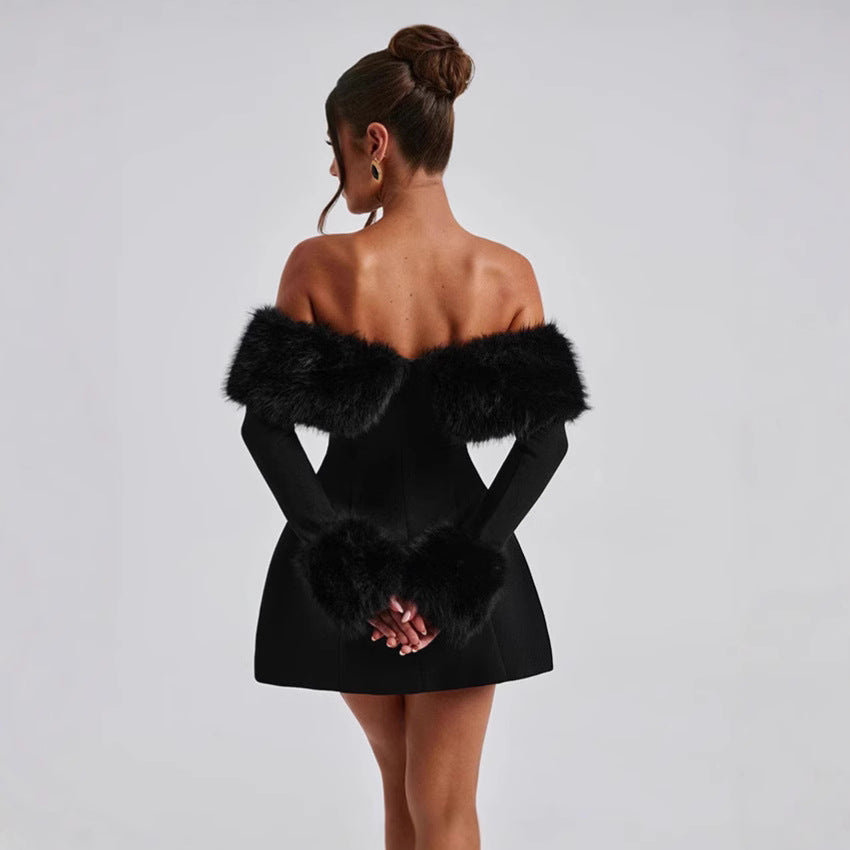 Damen Offshoulder-Kleid mit luxuriöser Futterverzierung und schwingendem Rock EB