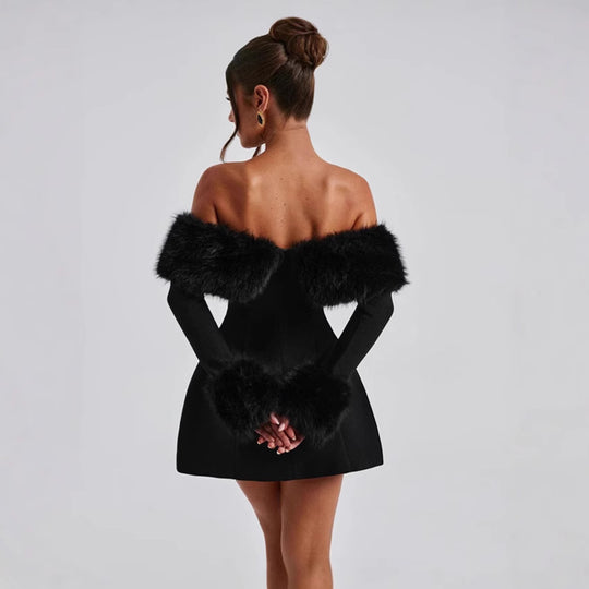 Damen Offshoulder-Kleid mit luxuriöser Futterverzierung und schwingendem Rock EB