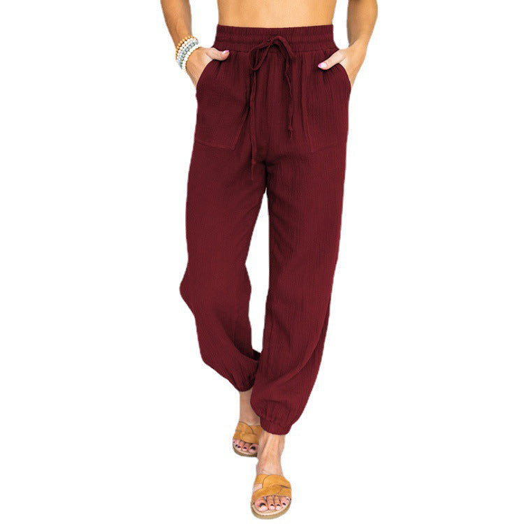 Damen nan leichte Leinenoptik Freizeit-Hose mit hohem elastischem Bund, Kordelzug, aufgesetzten Taschen und elastischen Knöchelbündchen EB